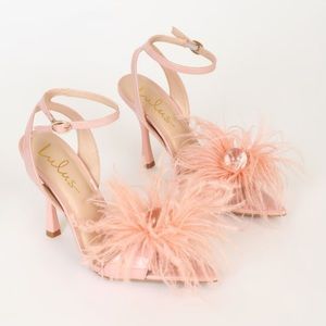 Lulu’s Patton, leather pink feather high heel sandals homecoming